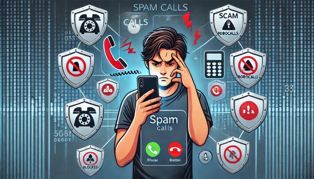 A frustrated person holding their smartphone, surrounded by digital icons representing spam calls, robocalls, and scam messages, with privacy protection symbols