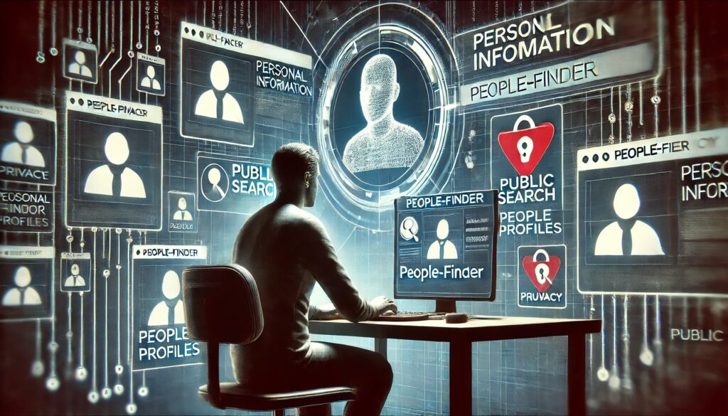 “A digital privacy concept illustrating a person looking at a computer screen, where their personal information is being exposed on people-finder websites.”