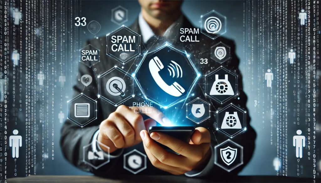 A person holding a smartphone surrounded by floating spam call icons, phone number removal symbols, and privacy shields, representing online data protection.