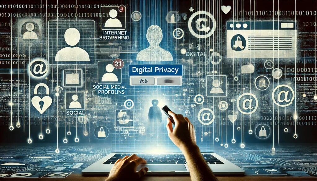 A person erasing their digital footprint on a virtual screen, symbolizing online anonymity, cybersecurity, and data removal.