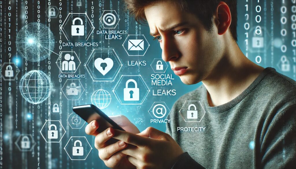 A concerned person looking at their smartphone, surrounded by digital icons of data breaches, social media leaks, and hacker activity, symbolizing phone number privacy risks.