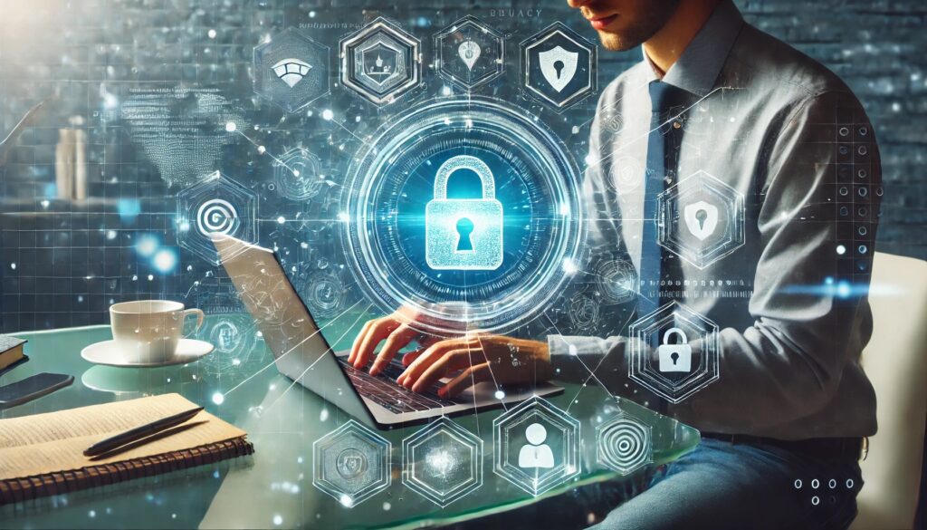 • Alt Text: “A person using a laptop with holographic digital privacy shields and security icons, symbolizing online data protection and removing personal information from the internet.”