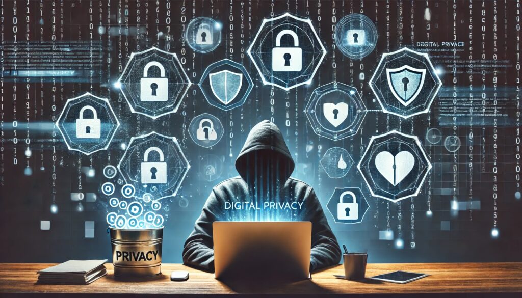 A person deleting their personal data from multiple online platforms, surrounded by cybersecurity shields, privacy locks, and data removal icons.