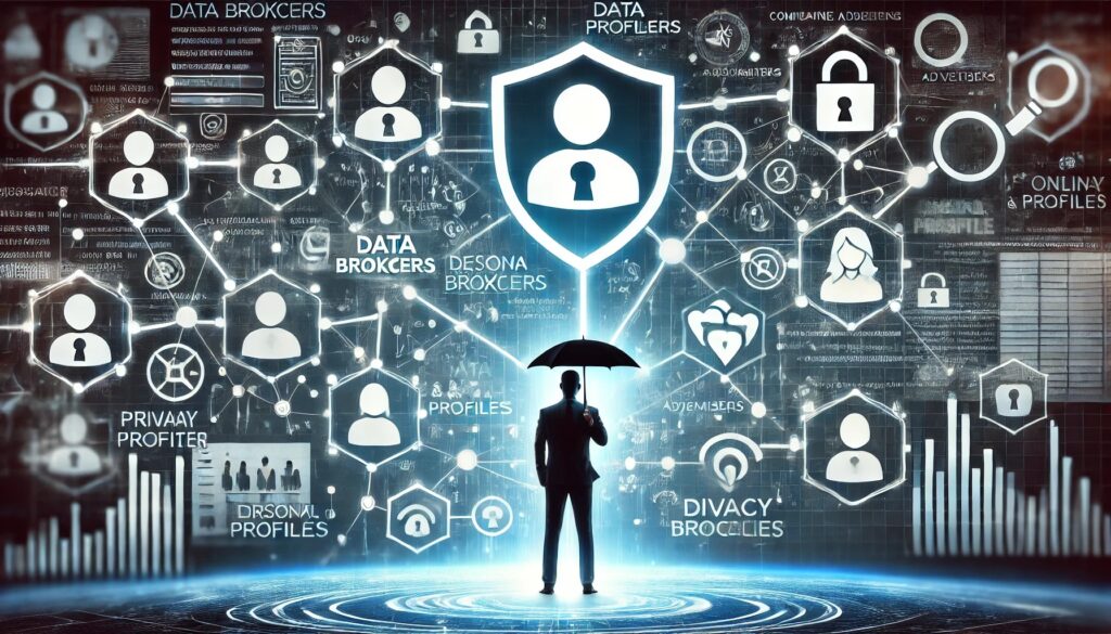 • Alt Text: “A digital concept showing a network of data brokers collecting and selling personal information, with a person shielding their data for privacy protection.”